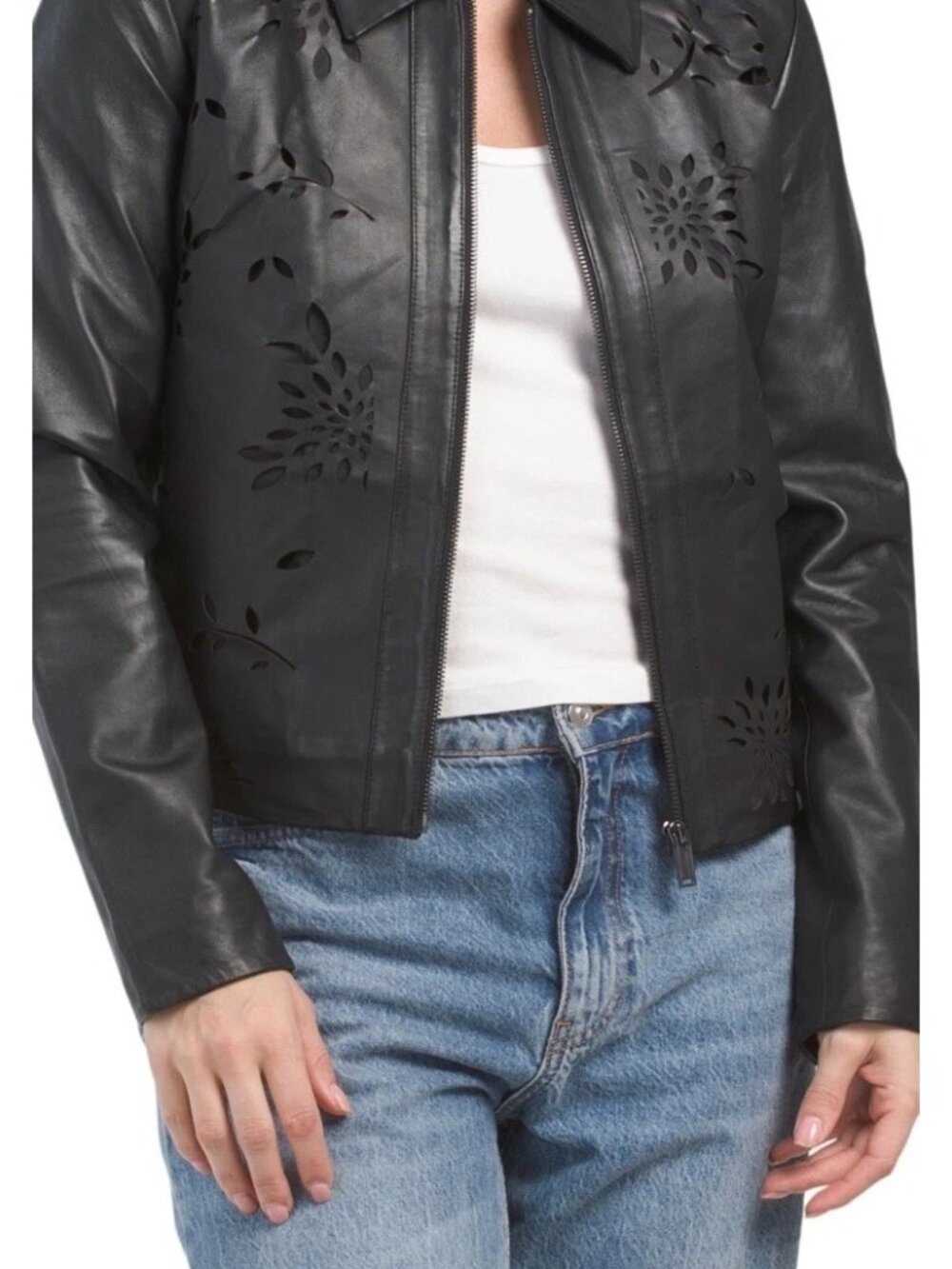 Bod & Christensen Laser-Cut Black Leather Jacket Floral Design Size XL New
